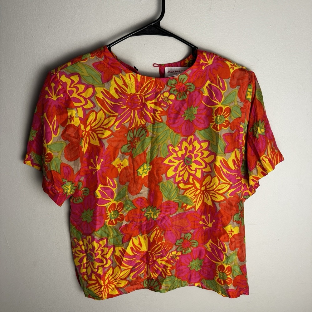 Vintage Y2K Jack Mulqueen 100% Silk Floral Blouse Small Bright Tropical Pattern